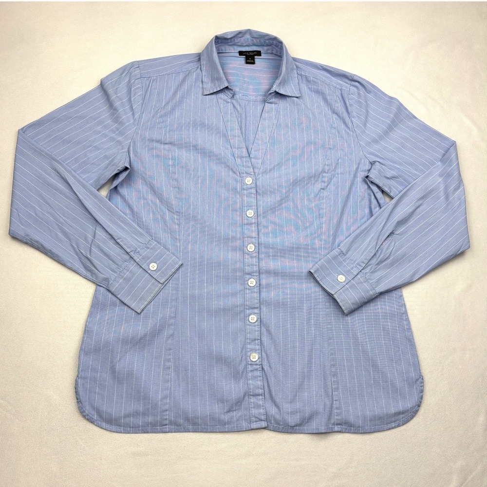 Ann Taylor Factory Shirt Womens Medium Blue White Pinstripe Split V Neck Blouse